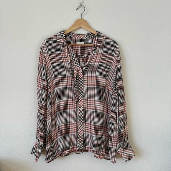 J Jill Ruffled Plaid Button Down Shirt Blouse Tea Rose L - Picture 3 of 16